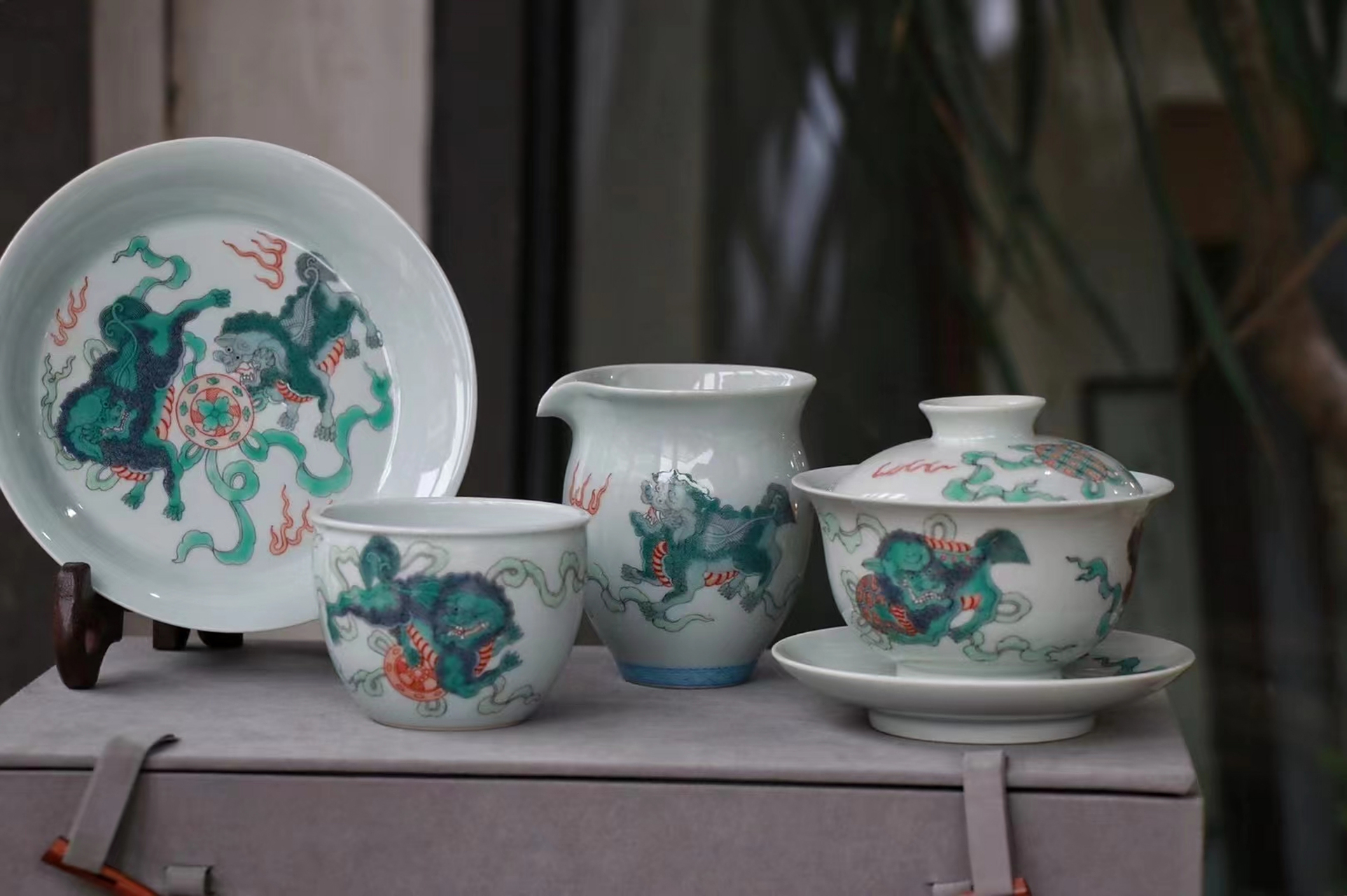 古彩工笔手绘狮子滚绣球景德非遗传承大师手作珍藏高端功夫茶器具 事