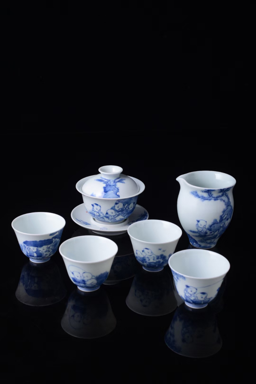 景德镇手绘高档茶具青花工笔人物童子婴戏图欢天喜地功夫礼品茶具套组