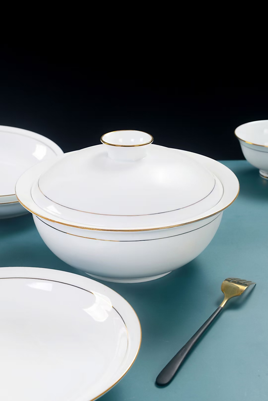 景德镇餐具高档纯白金边高颜值碗盘组合乔迁白瓷碗碟套装家用轻奢56头