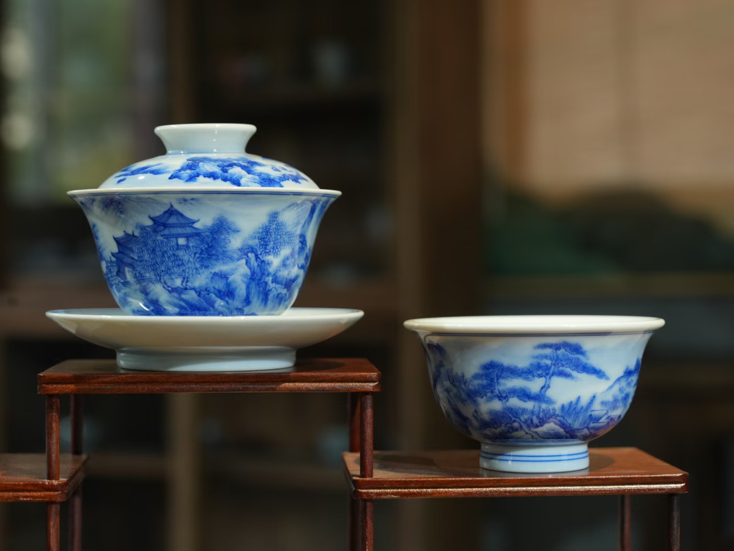 景德镇手工青花山水盖碗,一眼沦陷!