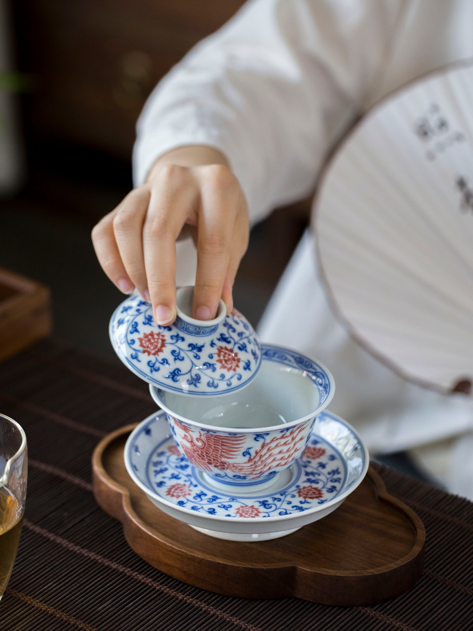 青花釉下红双凤缠枝三才盖碗岩茶泡茶器具仿古手工胎高脚托大气功夫