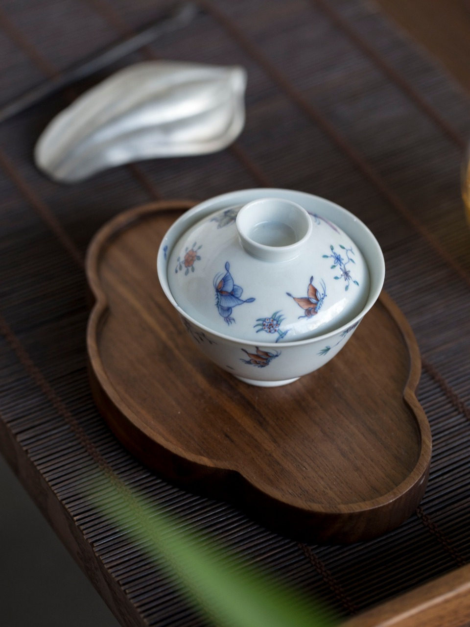 手绘岩茶泡茶器具斗彩蝴蝶花卉天地两才元宝盖碗景德素雅手作高端功夫