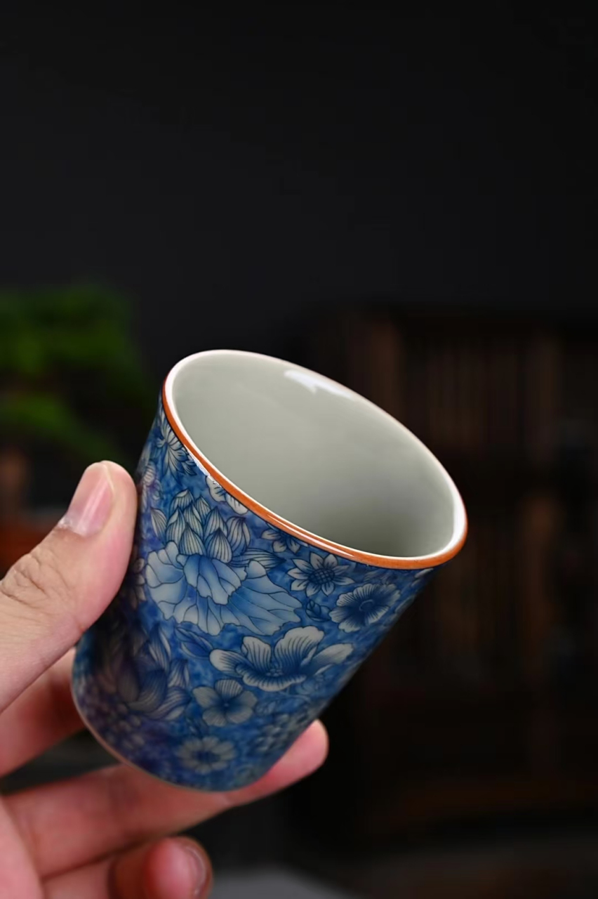 老陶泥冰裂青花万花可乐杯 景德镇手工茶具陶瓷手握杯茶杯子家用随手