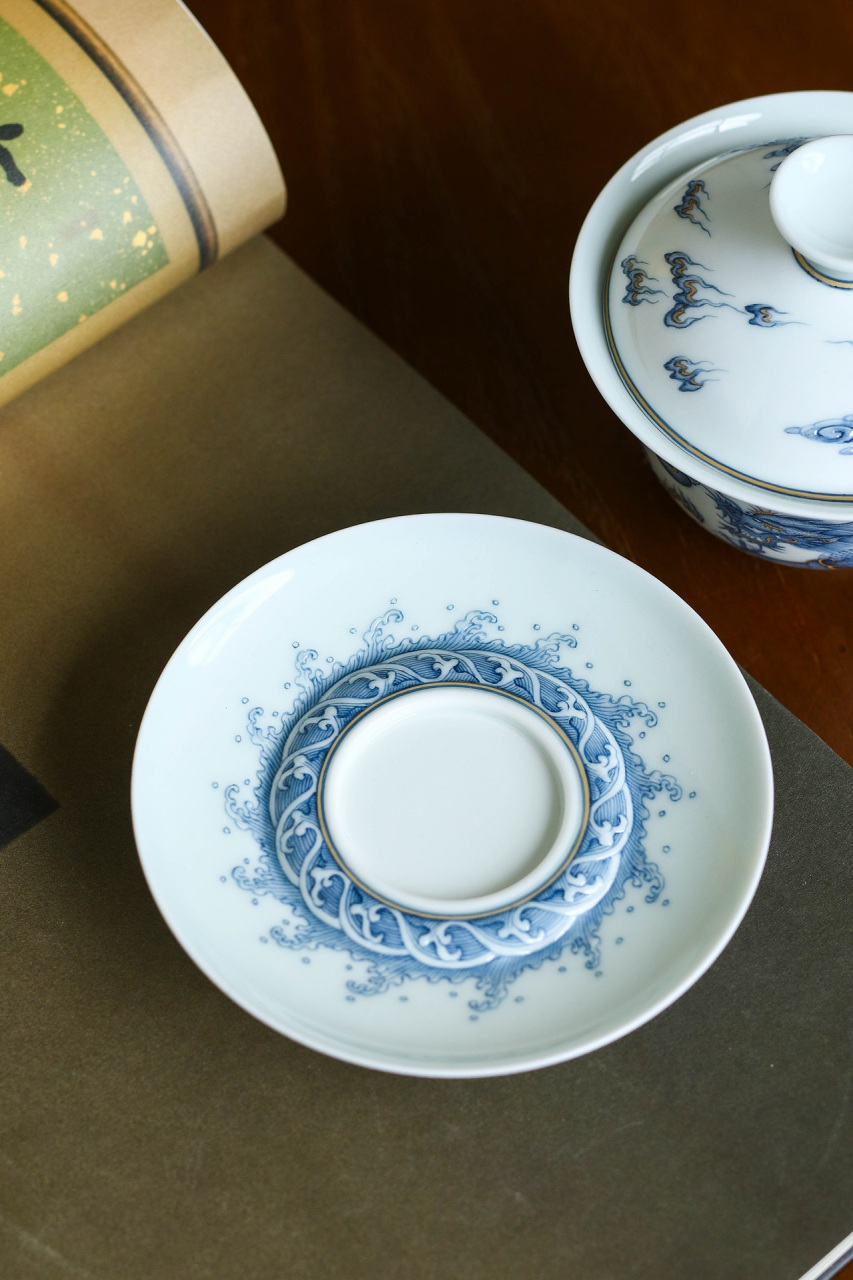 重工岩茶专用泡茶小盖碗珐琅翠料工笔手绘双龙戏珠描金火云纹三才盖碗