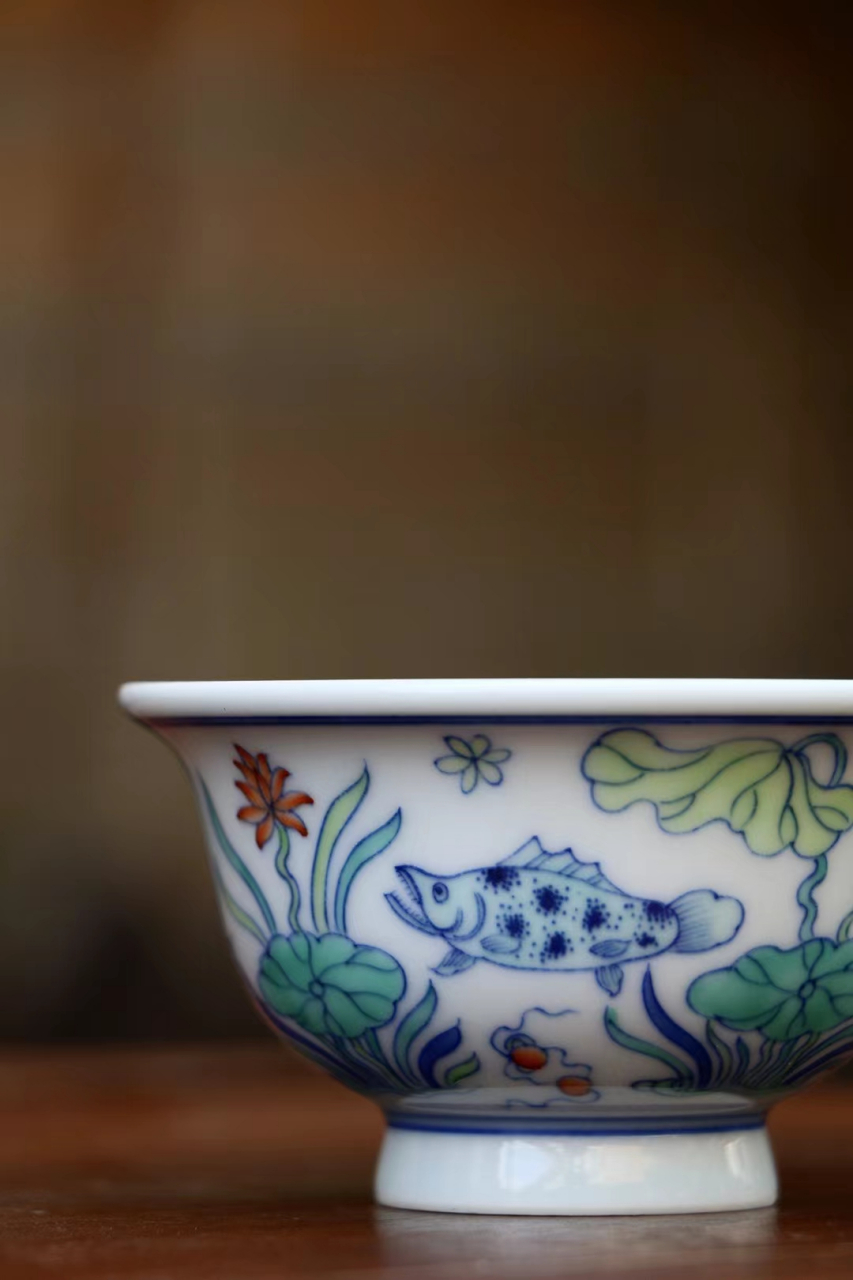 斗彩手绘工艺鱼藻纹经典茶器两才盖碗永乐压手杯大壶承果盘景德镇一线