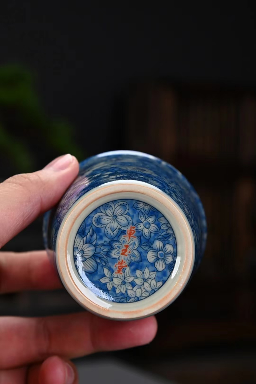 老陶泥冰裂青花万花可乐杯 景德镇手工茶具陶瓷手握杯茶杯子家用随手