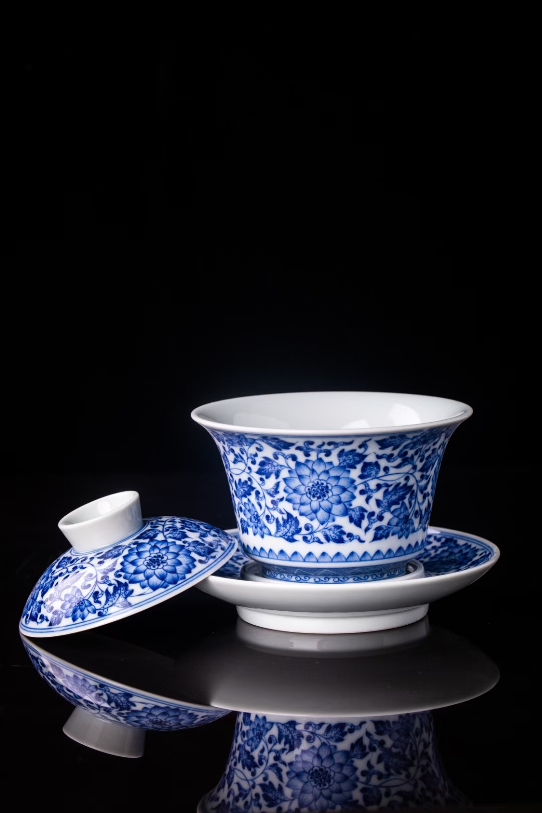 功夫茶手绘缠枝莲青花三才盖碗茶杯景德镇大号泡茶碗仿古陶瓷单个手工