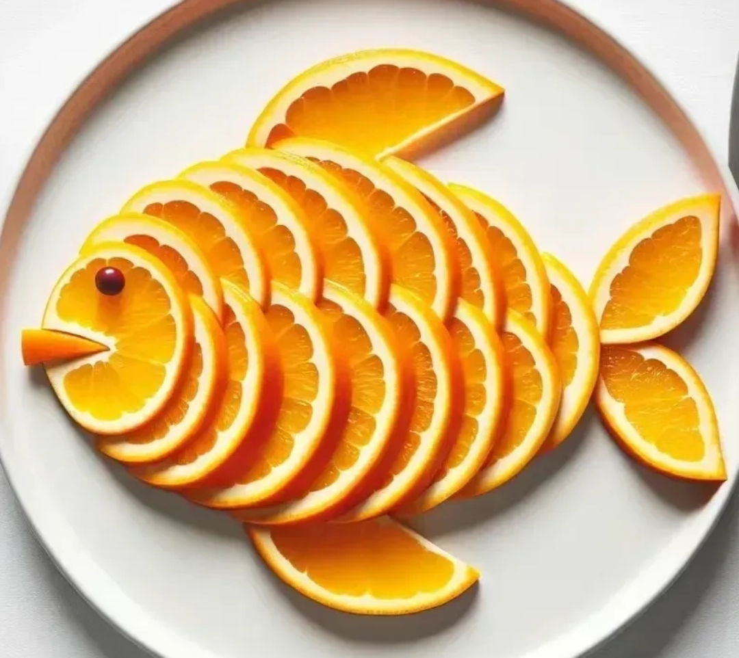 今天做了一份超级可爱的橙子切片拼盘,好像一条小鱼呀!