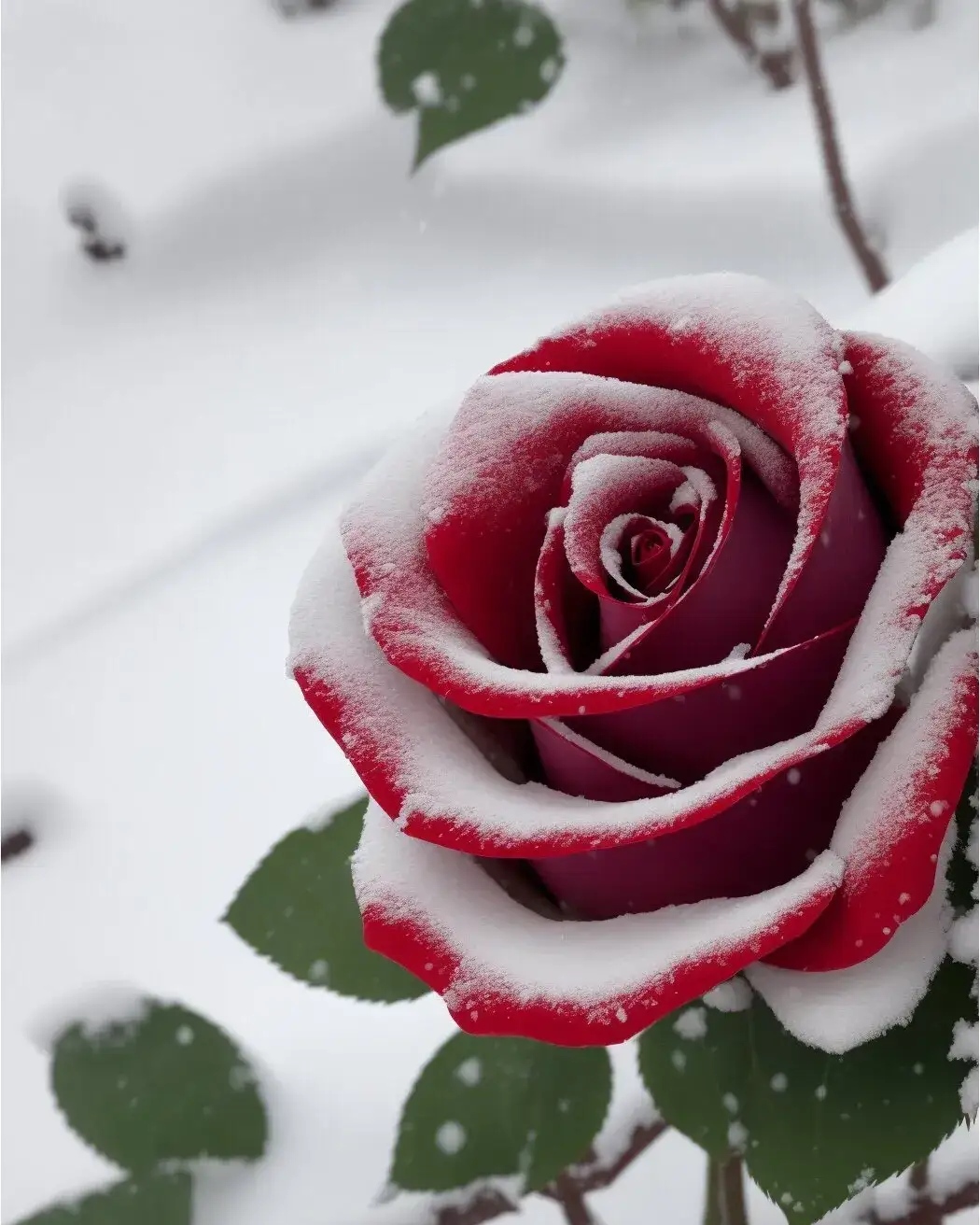 白雪均匀地覆盖在红玫瑰上,就像是给它