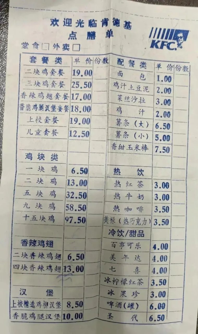 这张照片拍摄的是1996年北京前门肯德基快餐店里的价目表.
