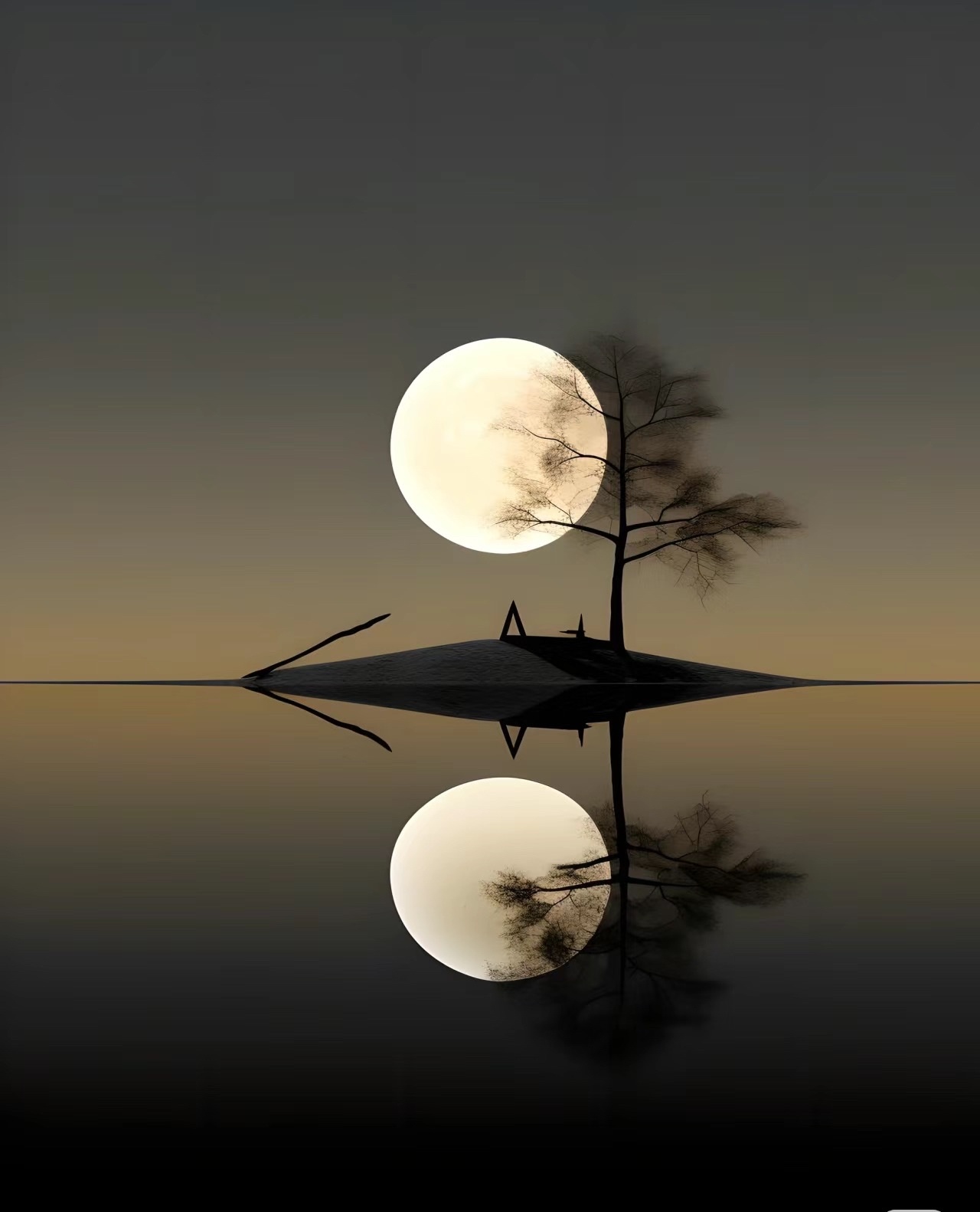 今晚的月亮真圆,我在水边看到了它的倒影.