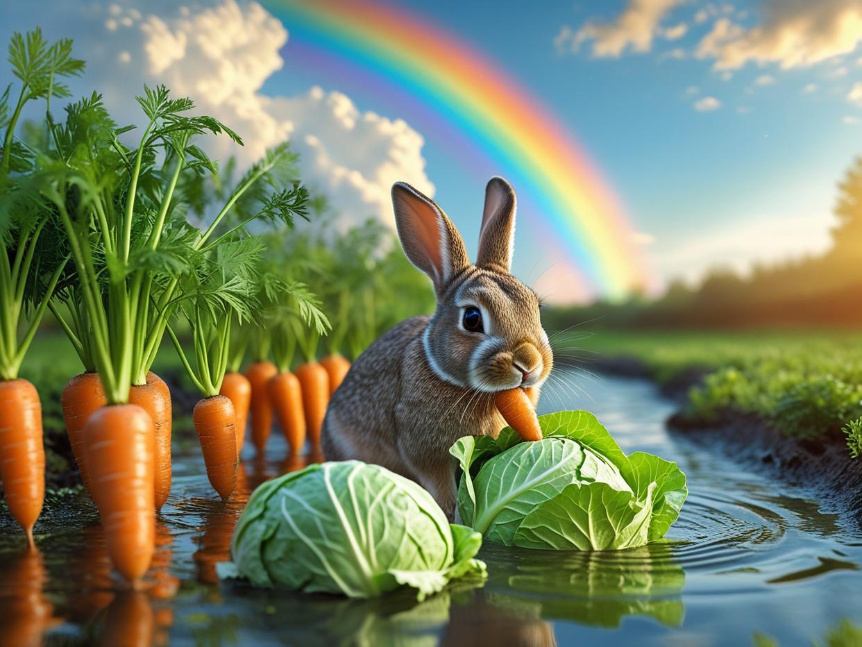 瞧这小兔叼着胡萝卜,站在绿叶中,背后是道绚丽彩虹,仿佛在说:"今天又