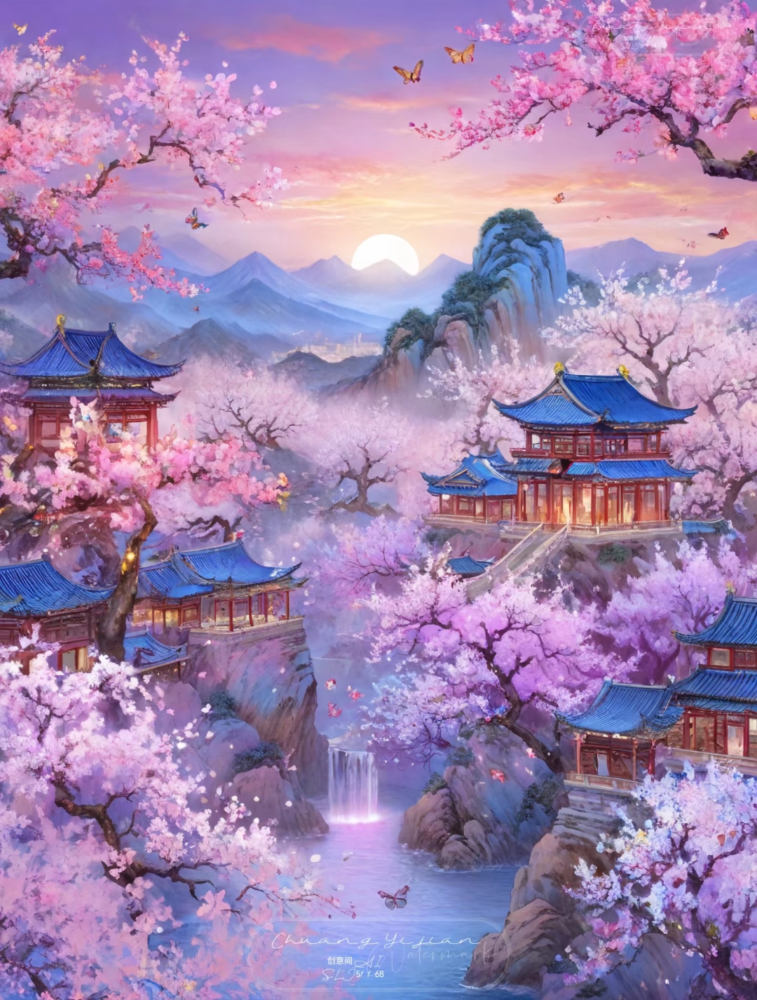 良缘动漫风景图古风房子粉色系花楼恋歌美图美景水中琉璃宫图片桃花