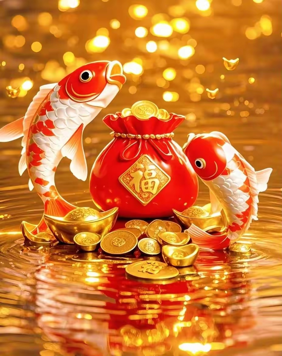 "锦鲤跃水,财运连连,金元宝堆成山,财源滚滚来!