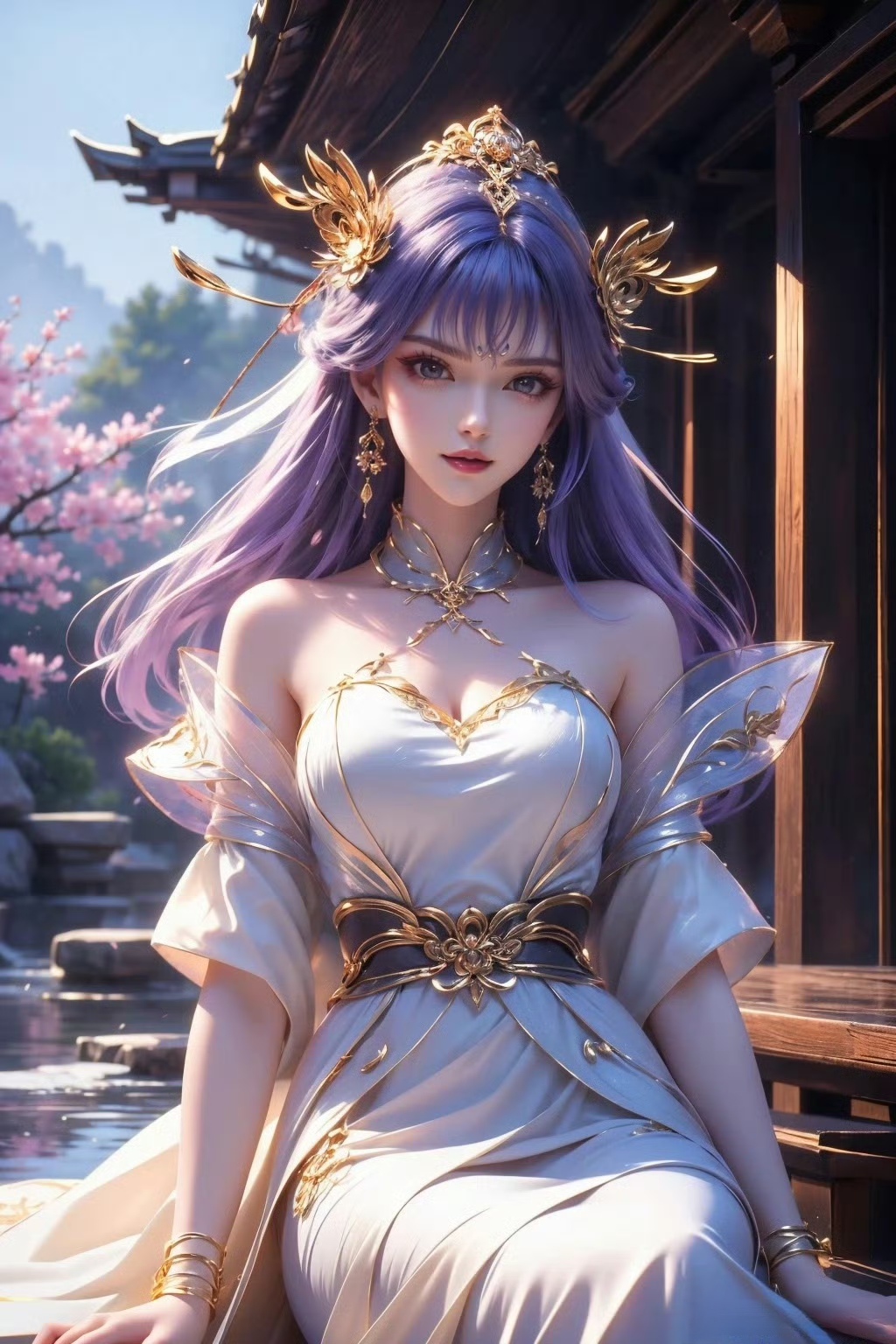 国漫女神# 紫发精灵,古风美女,亭台楼阁,宛如画中仙.