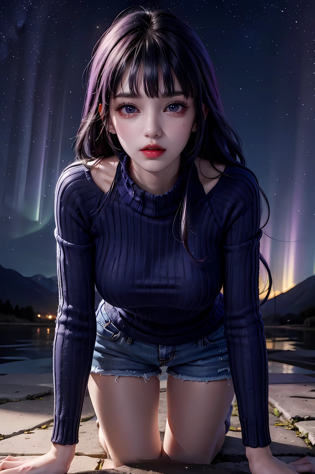 夜空下的宁静时刻湖边倩影小颖的夏夜微风