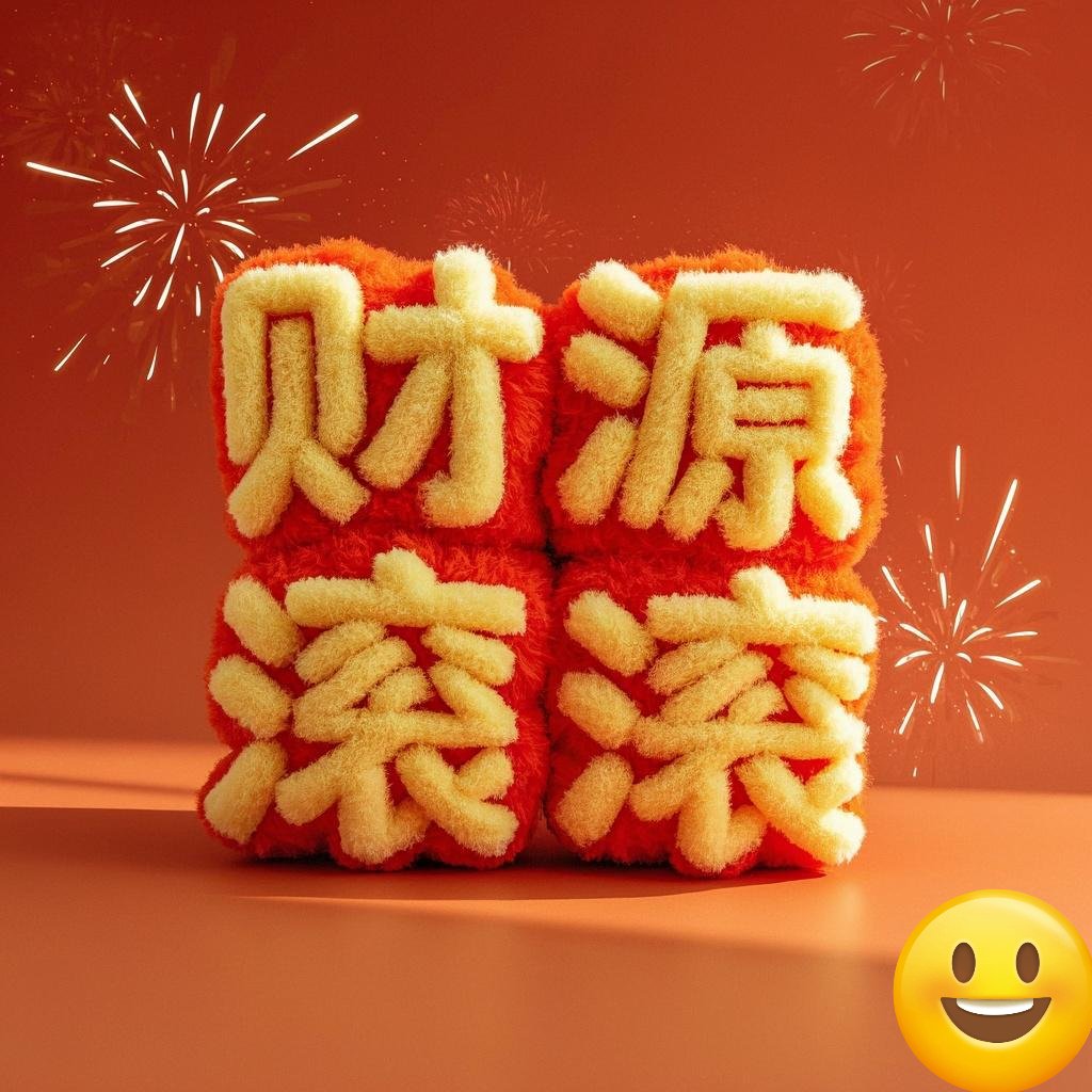 画面中央是一个由橙色毛绒材质构成的 " 财源滚滚" 字,字体圆润饱满