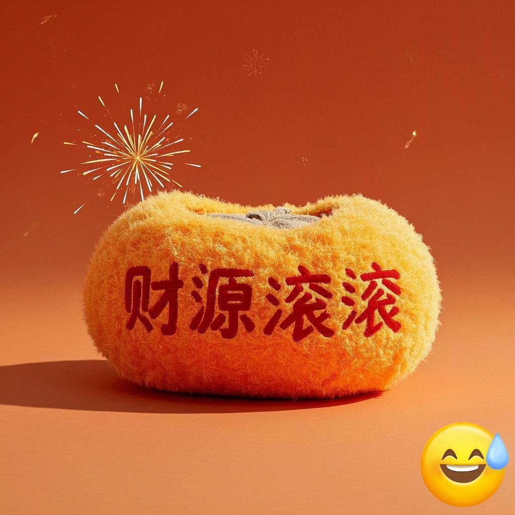 画面中央是一个由橙色毛绒材质构成的 " 财源滚滚" 字,字体圆润饱满