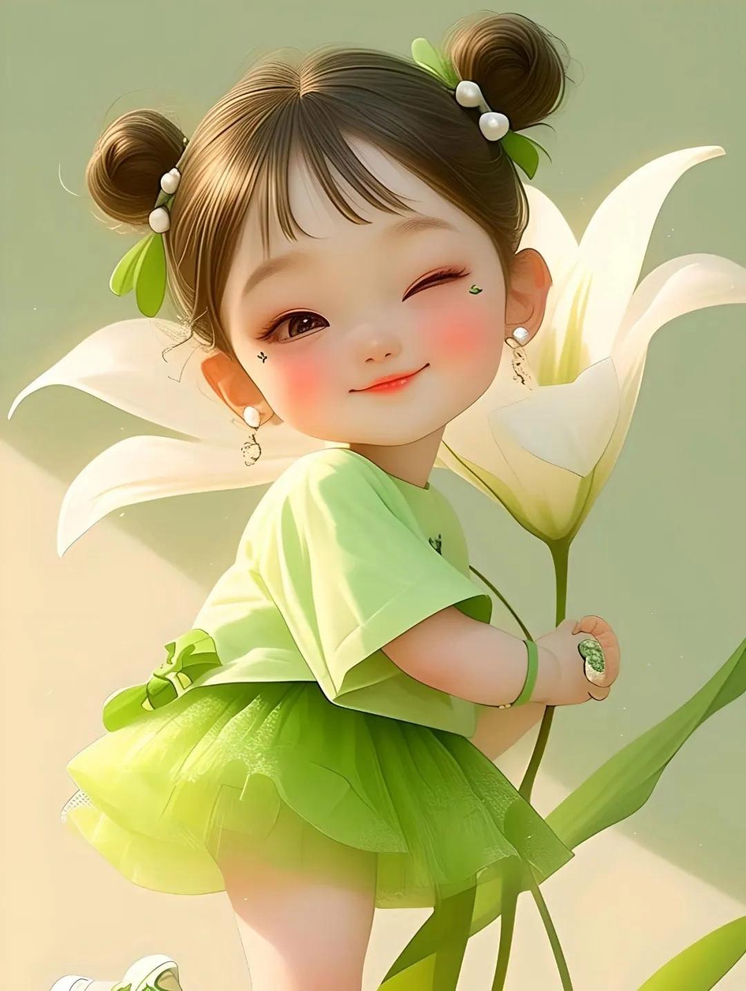 绿裙小仙女,手捧百合花,笑容甜美如花般绽放