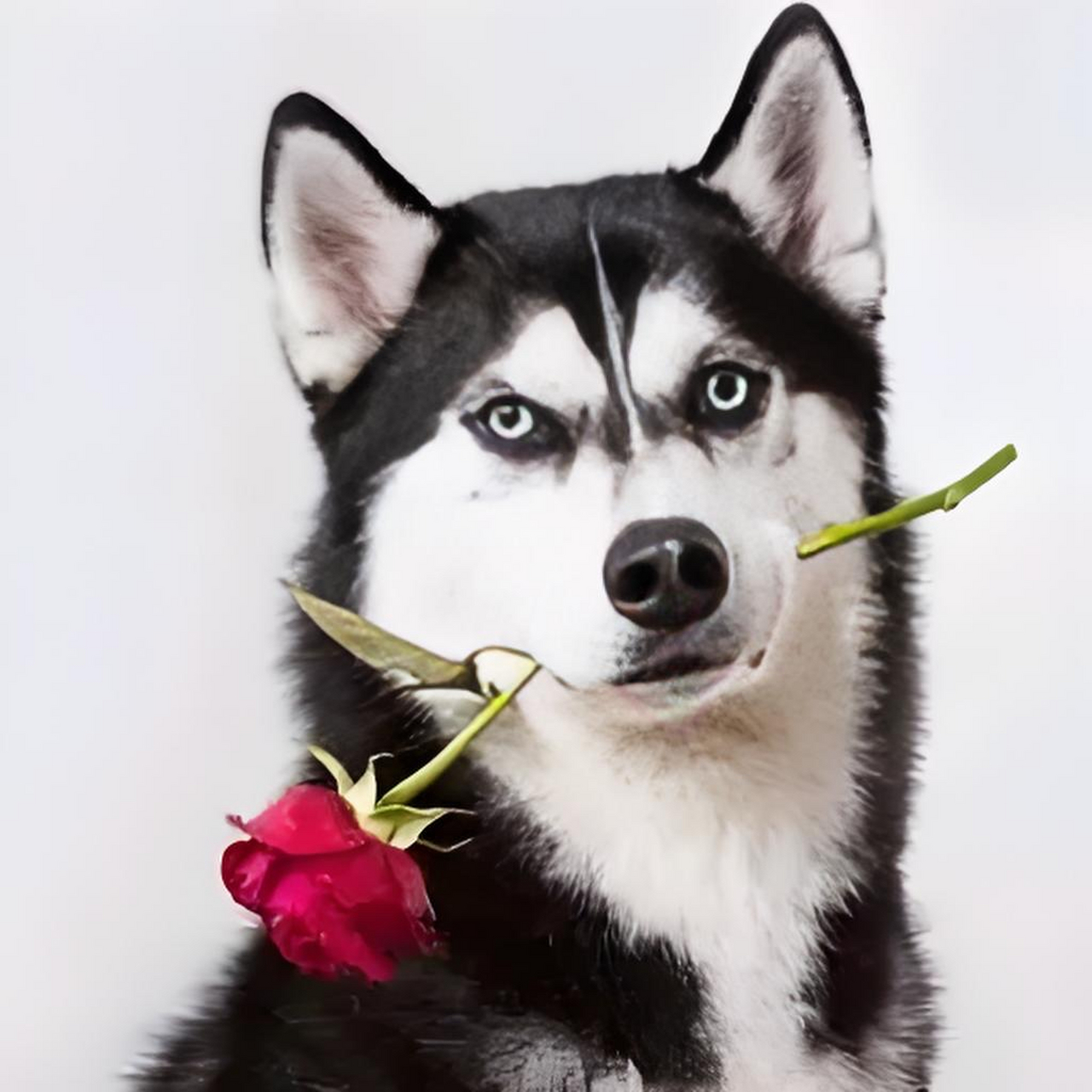 哈士奇深情对镜,嘴叼玫瑰一朵,眼神温柔似水,单身汪的福利,快来领走你