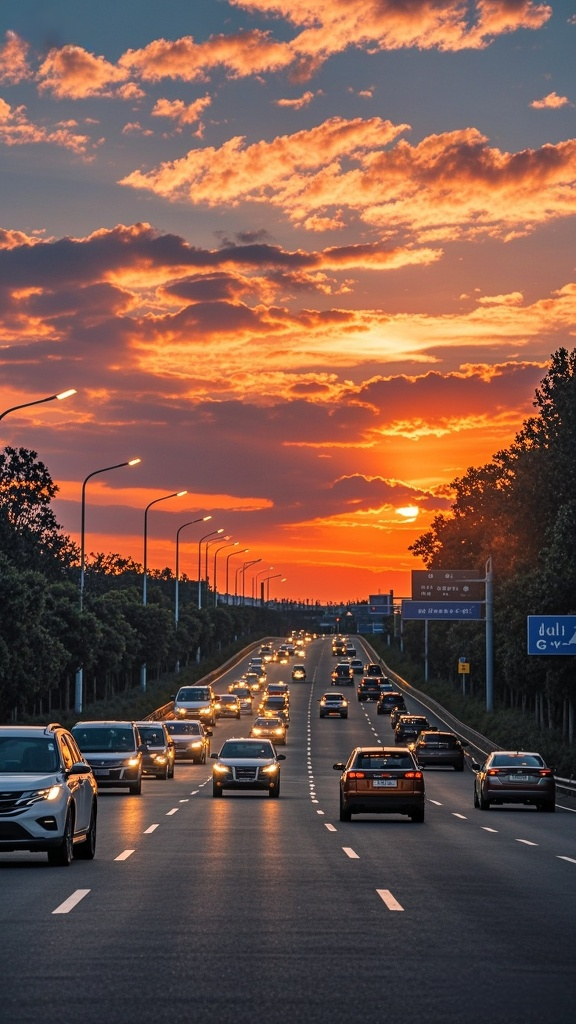 黄昏的城市道路,车流如织锦.橙红天空镶金边云霞,路灯,高楼,山脉相衬