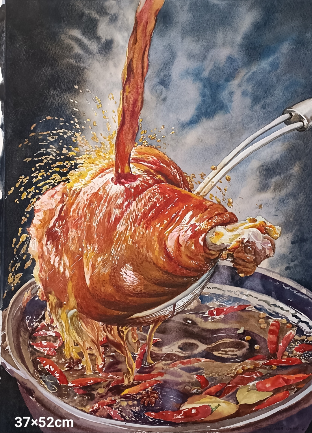 怡华手绘水彩作品浓香四溢的卤味肘子出锅啦 四开水彩画作品《美味出
