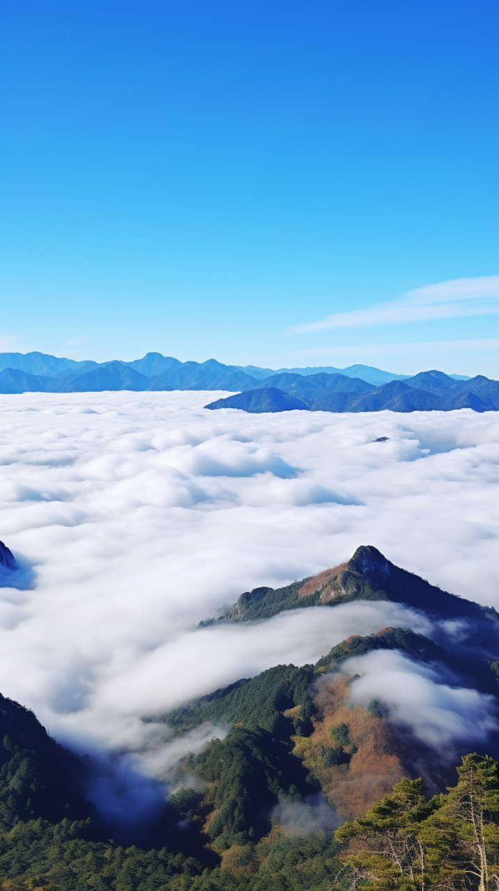 山峰高耸入云天,云雾缭绕似仙境.山顶白雪皑皑满,云海远望如画中.