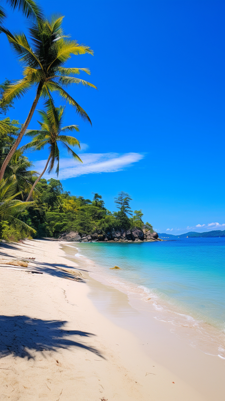 椰树挺立沙滩旁,蓝天白云舞翩跹海风拂面心舒畅,静享自然美景间