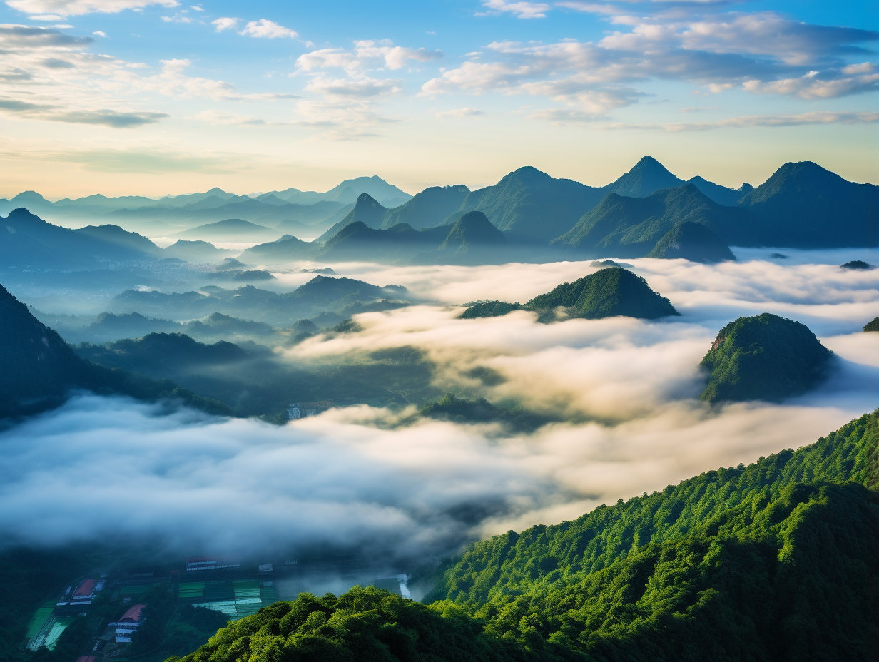 青山绿水间,雾霭绕仙境,一望无际美,美不胜收景.