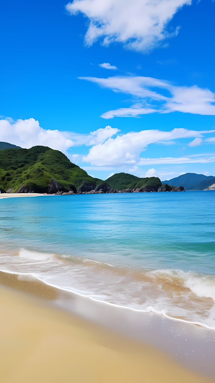 海边景色美轮美奂,有蓝天,白云,碧海,金沙滩,你可以感受到温暖的阳光