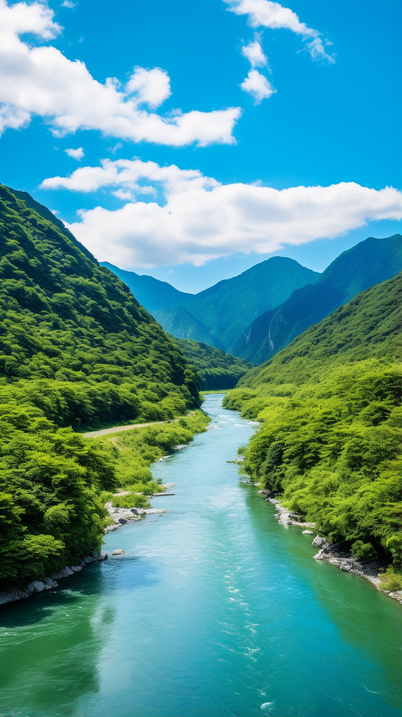 山青水秀美无比,蓝天白云景更美. 山涧江流荡漾情,树木翠绿怡人心.