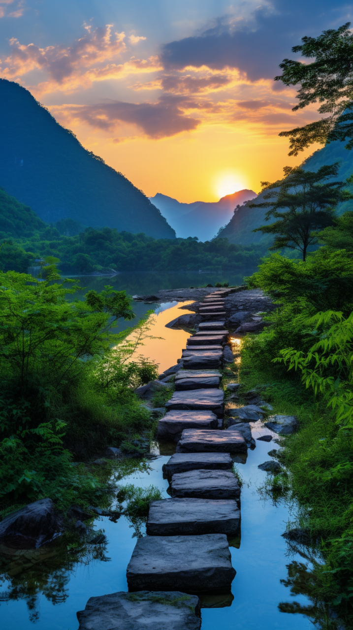 翠山绿林溪水清,晴空蓝天桥梁古.山涧峡谷景色美,岁月流转自然古.