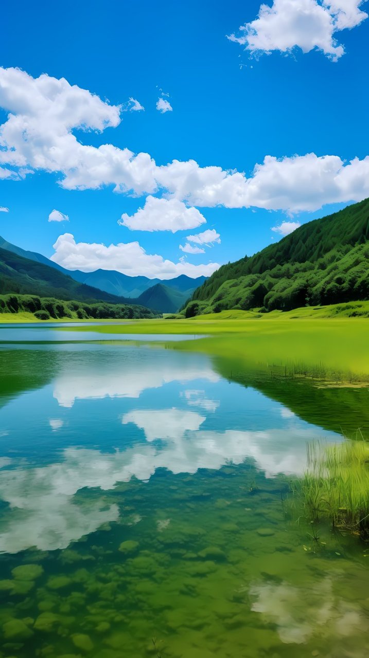 绿草青山倒影湖,静观天地美画图.心中自然生喜悦,万物和谐宁静舒.