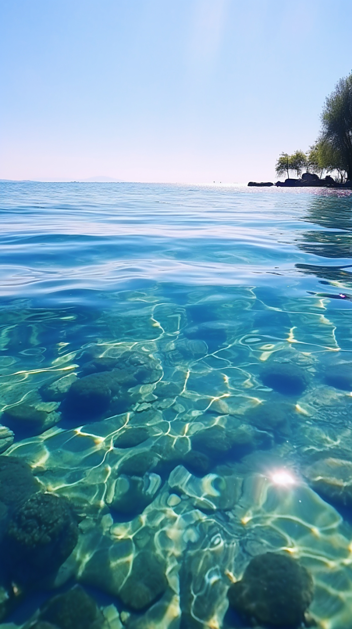湖面碧波荡漾起,石狮水草舞清漾.阳光穿透云层洒,岸边植被茂盛绿.