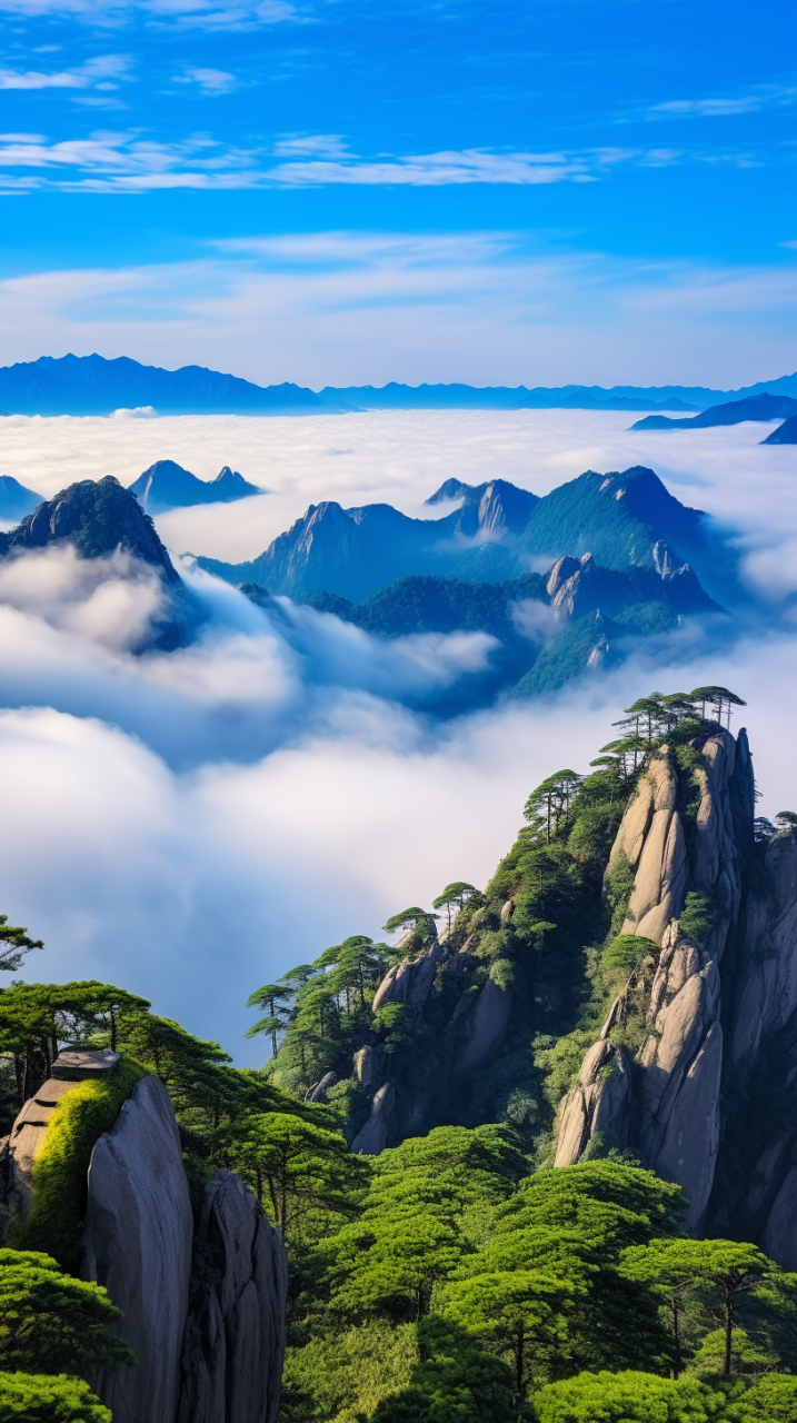 山川壮丽云雾绕,天蓝阳光明媚照.美景令人叹观止,瑰丽多彩如诗篇.