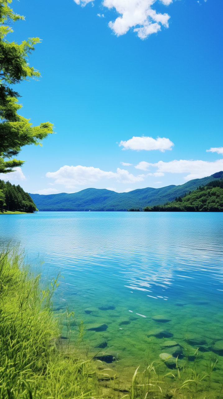 湖畔草丛小树,风景醉人心弦.晴空万里无云,蓝色天空映衬.