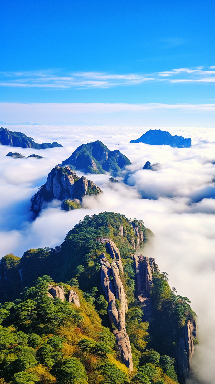 高耸入云峰叠翠, 绿意盎然溪水潺. 白云缭绕彩虹挂, 远山色彩斑斓间