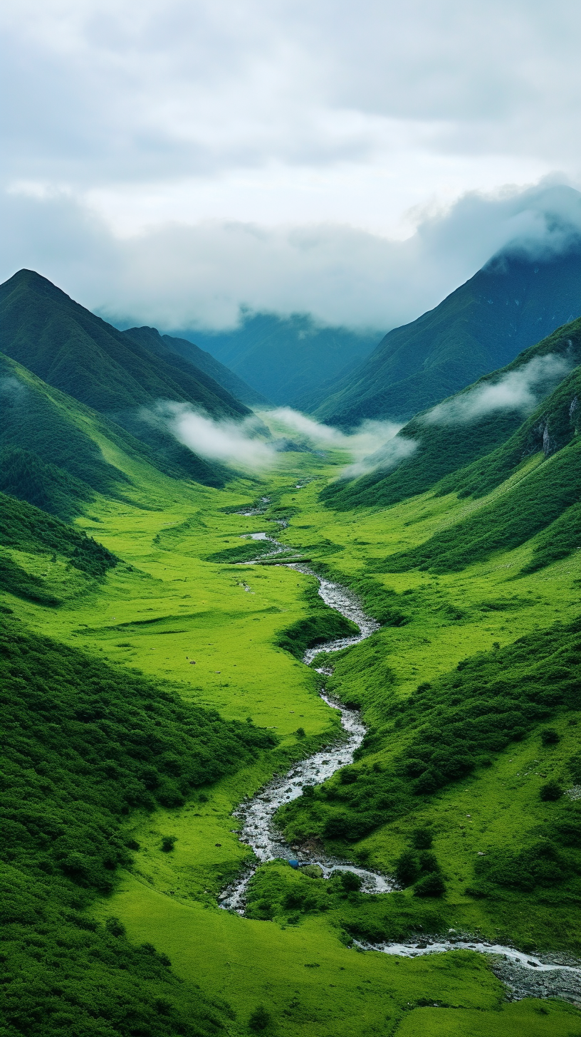 山峰陡峭,绿草如茵,云雾缭绕,山峰顶端,青山绿水,空气清新,神秘感十足