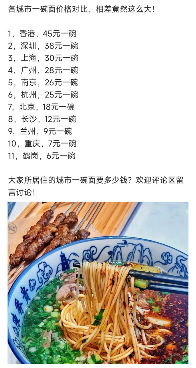 中国各大城市吃一碗面多少钱?没有对比就没有伤害[滑稽]