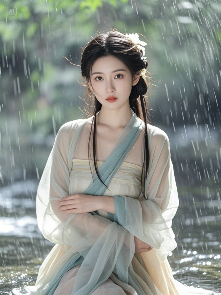 我静坐在溪畔,纱衣被雨丝轻拂,带着微微的凉