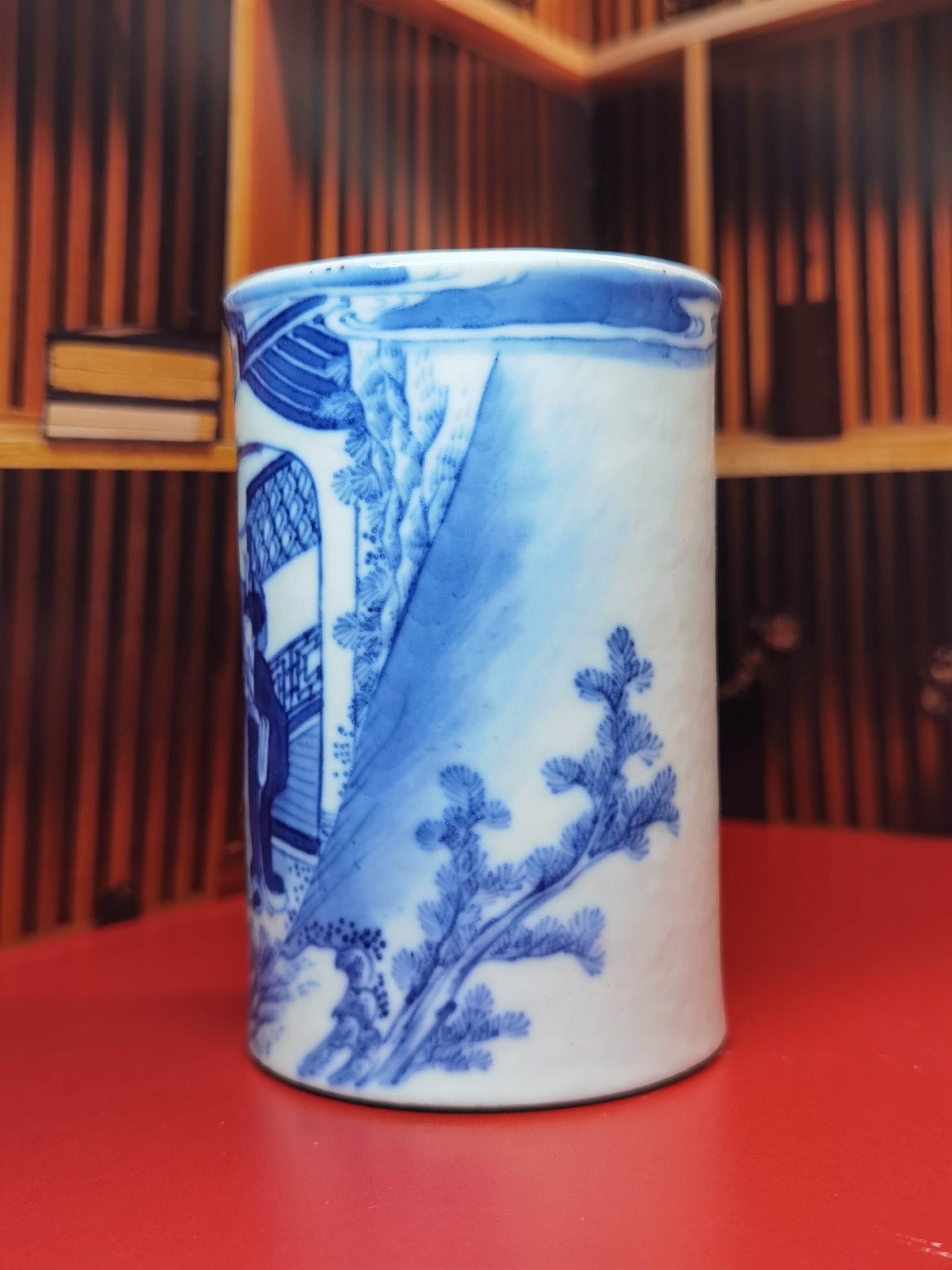 清光绪～ 青花人物"虎溪三笑图"束腰笔筒 品相完美无瑕疵!