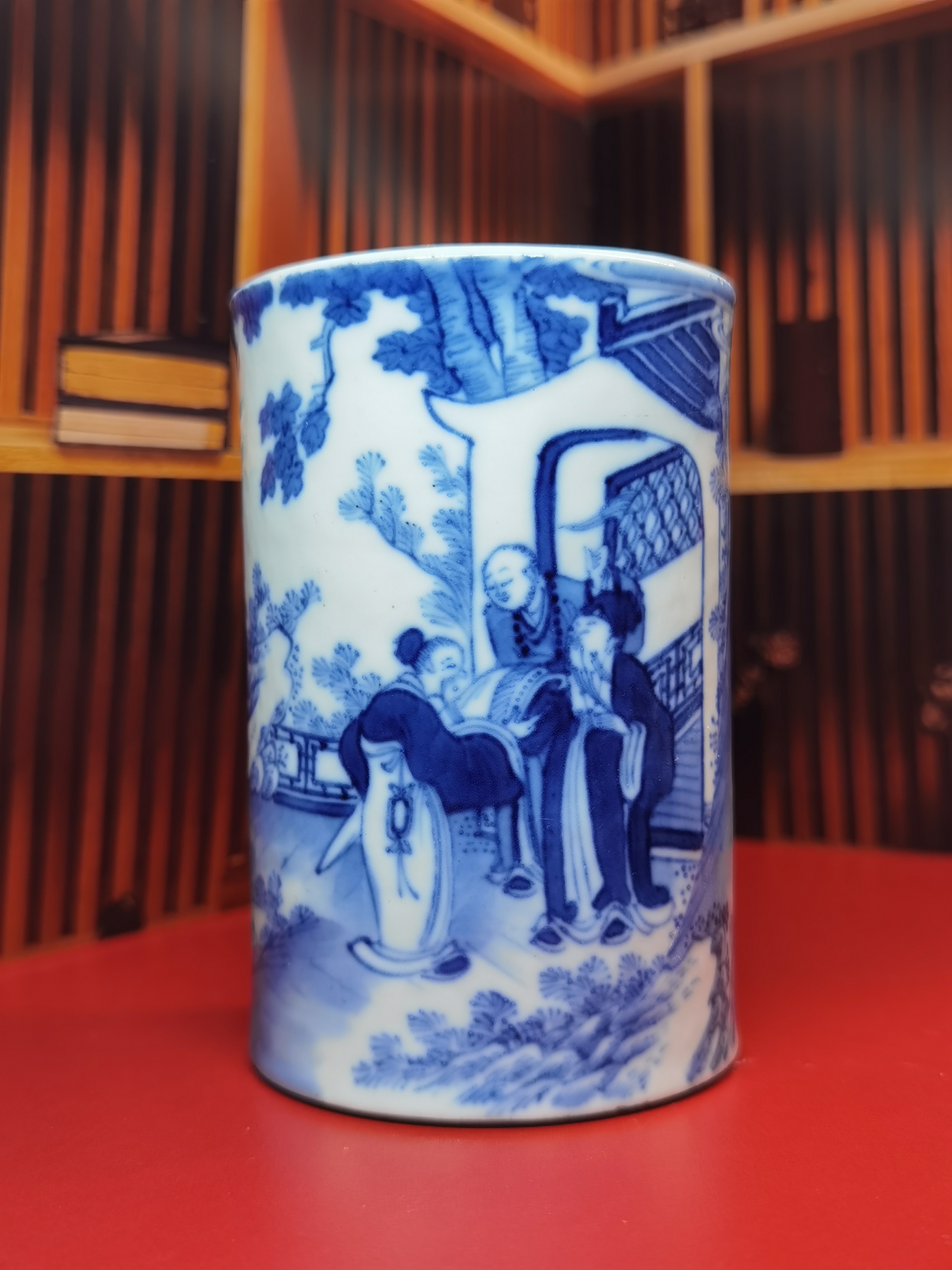 清光绪～ 青花人物"虎溪三笑图"束腰笔筒 品相完美无瑕疵!