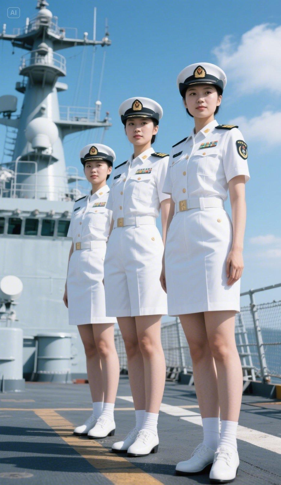 舰艇甲板之上,海军女兵们以青春赴海疆