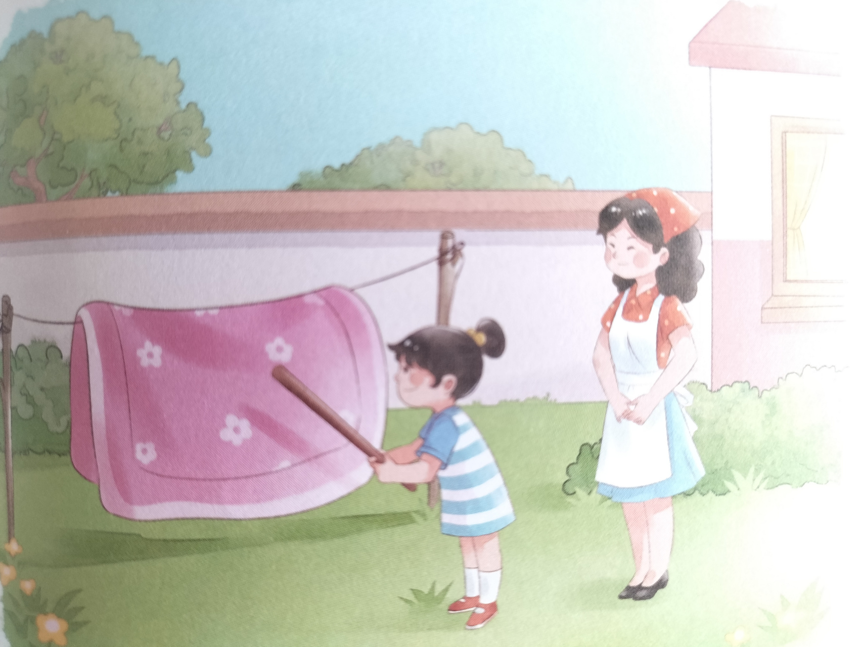 妈妈很高兴. 开始晒被子了.