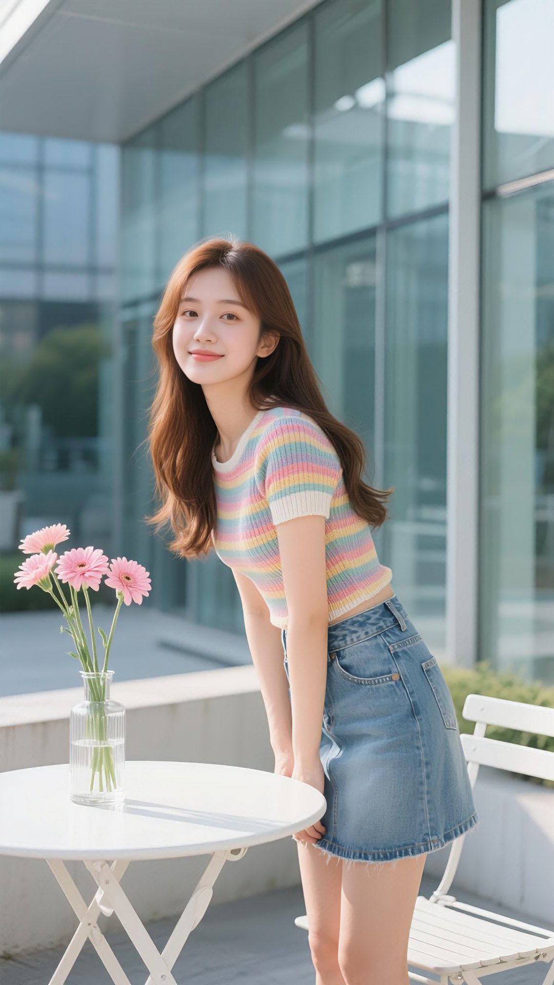 年轻女子现代女孩长发美女穿短裙清新美女写花彩虹条纹t搭配白色短裤