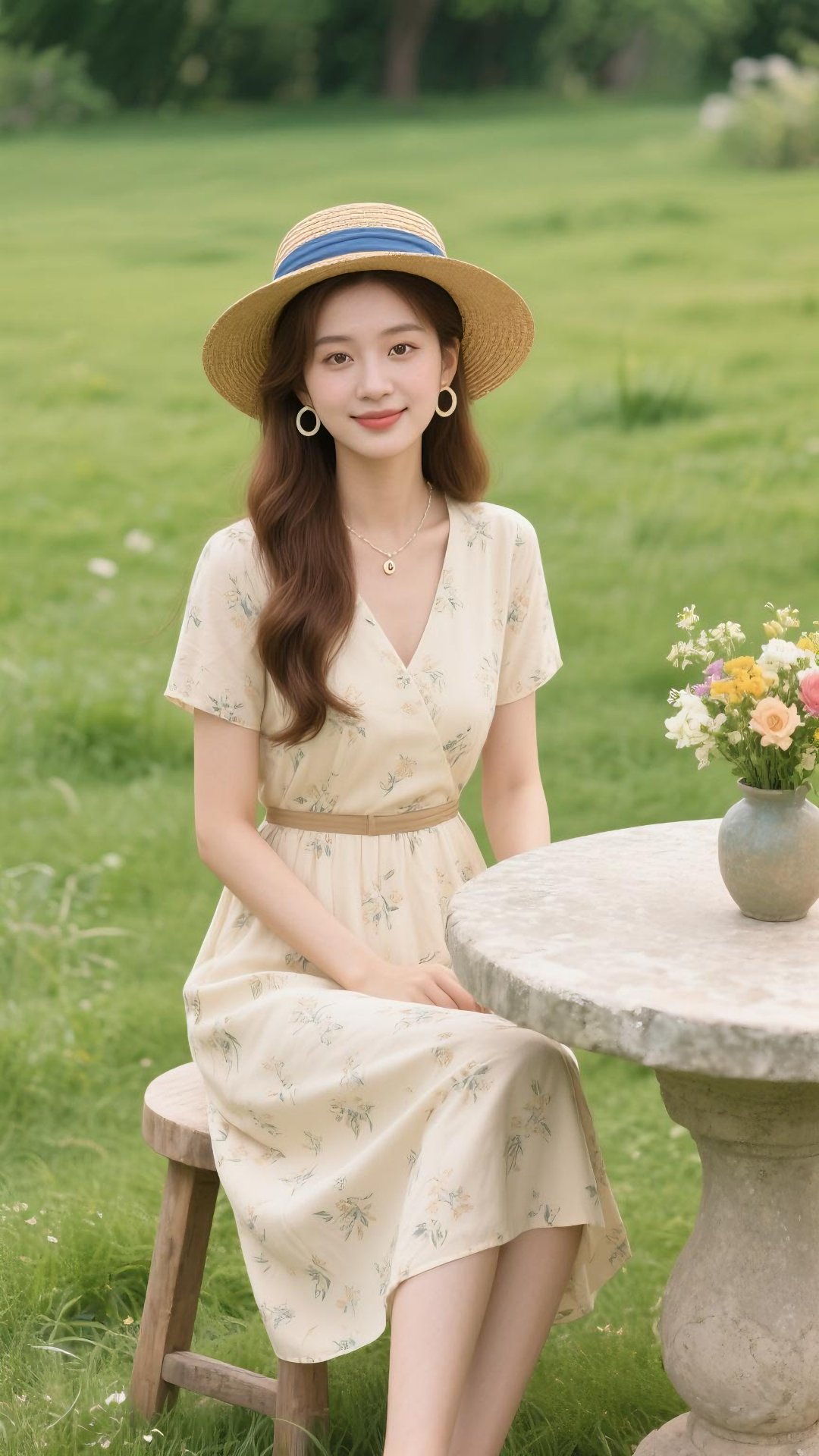 在绿意盎然的户外环境中,一位年轻女子戴着草帽,穿米色印花连衣裙