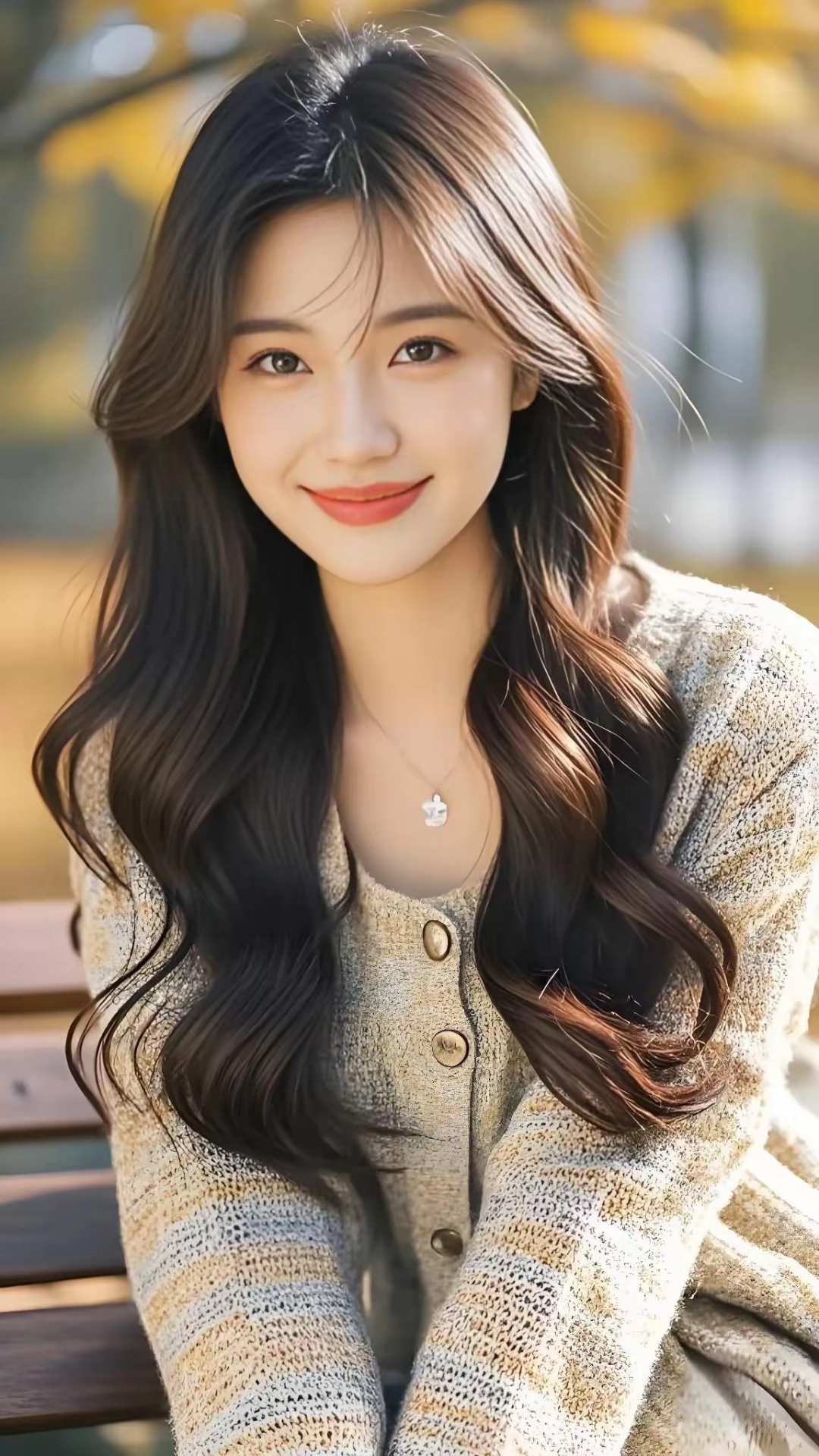 秋日暖阳下,女孩微笑着坐在长椅上,毛衣温柔了整个季节