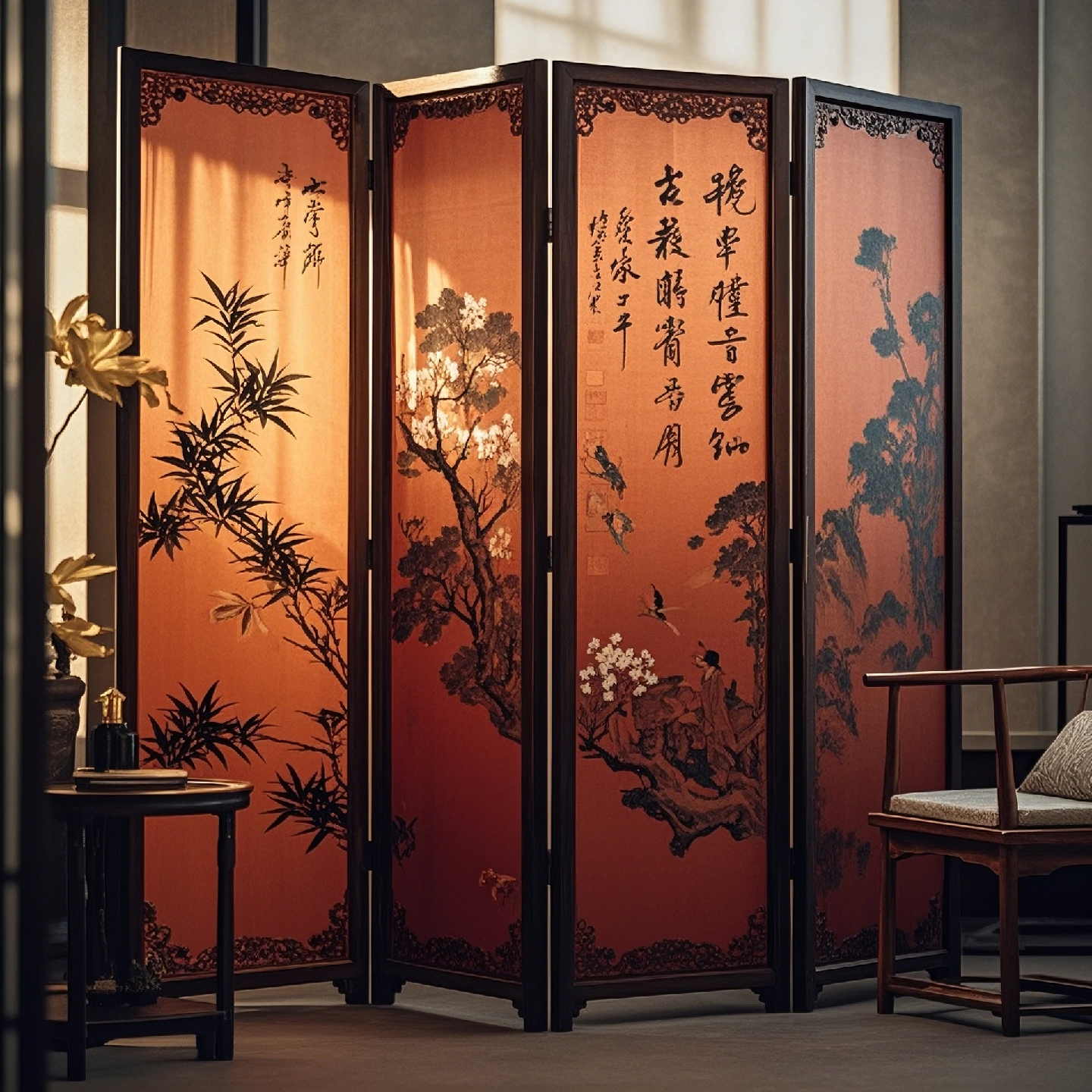 这种屏风以染羽装饰,仿照凤凰 屏风背景古代书房的屏风古代入室隔断