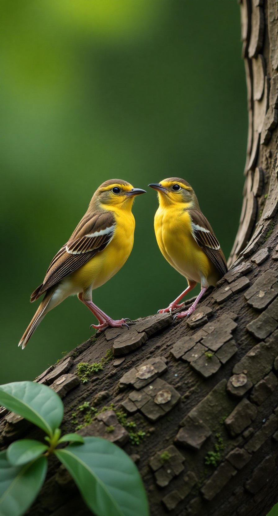 两只小黄鸟在树枝上聊得正欢,好有爱!