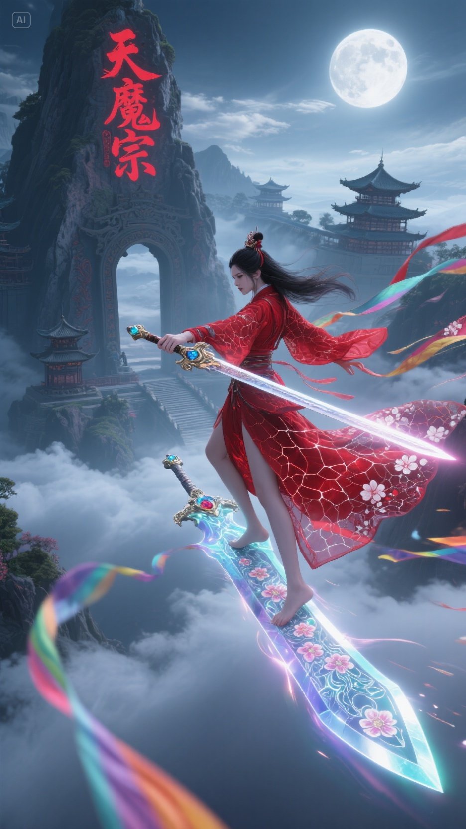 赤影当空!女魔头御剑凌空,赤纹摄魂,发舞云巅